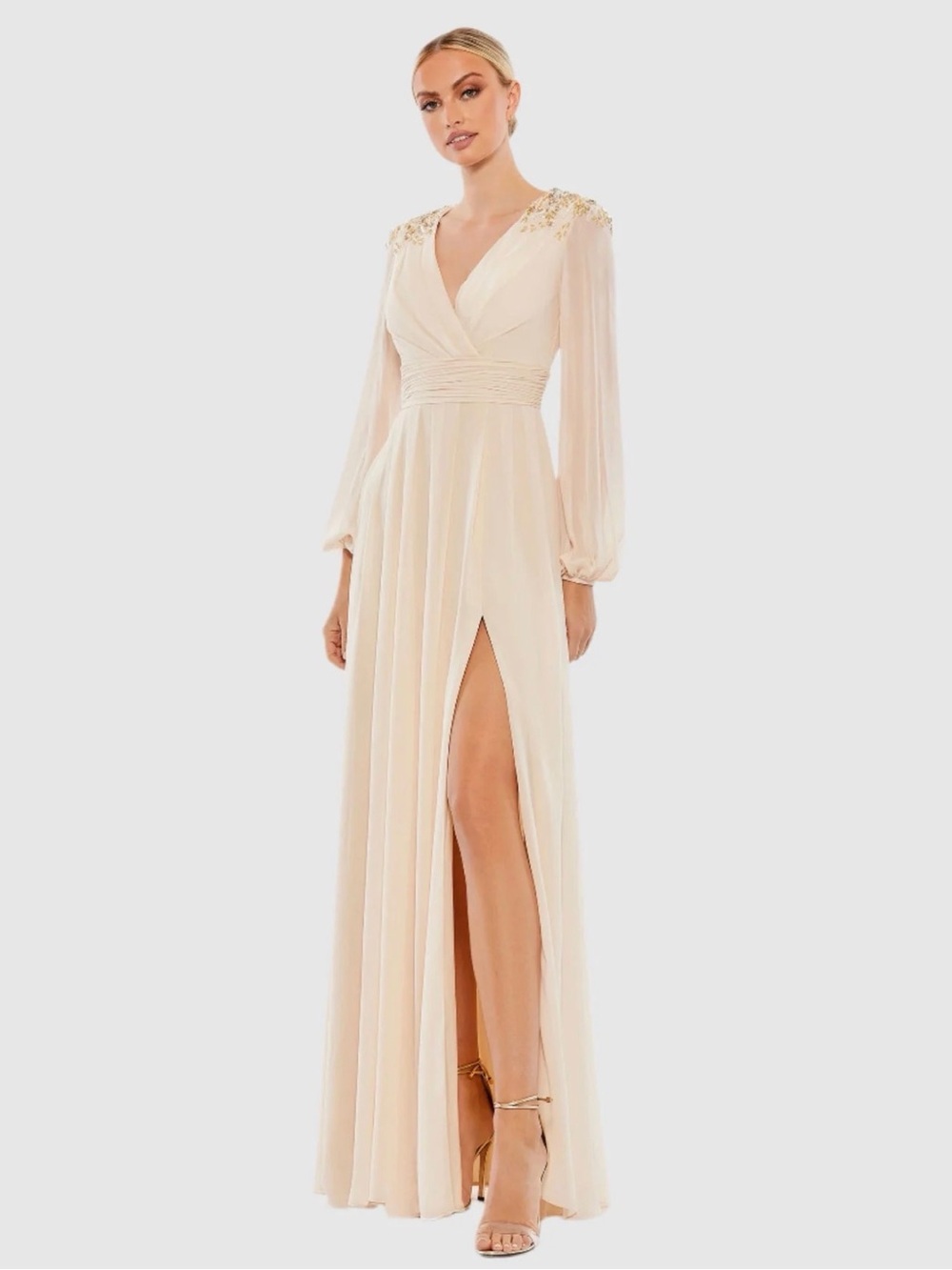Mac Duggal Champagne V-Neck Long Sleeve Maxi Gown